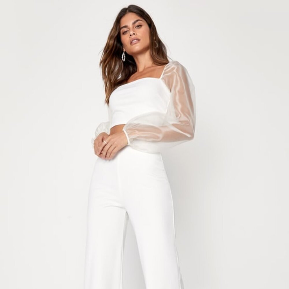 Lulus Sheerly Sultry Ivory Organza Balloon Sleeve Two-piece Jumpsuit White
